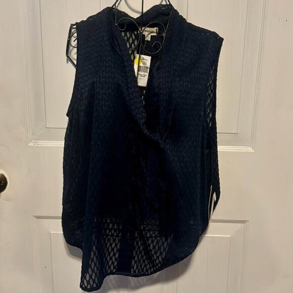 L'Agence Womens Navy Blue Tie Neck Lace V Neck Sleeveless Sheer Blouse L - Picture 2 of 8